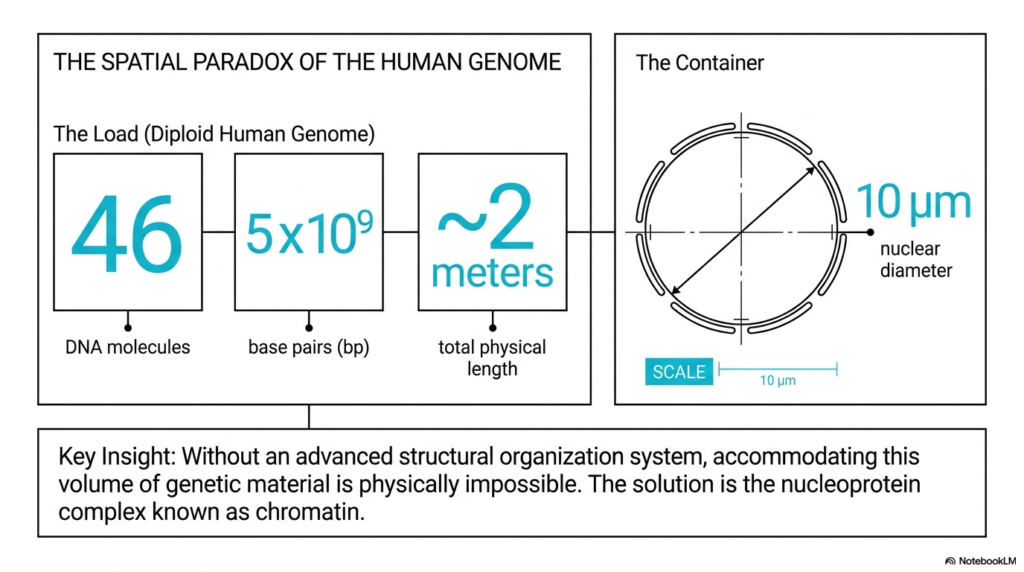 Slide 2: The Spatial Paradox and Chromatin Structure