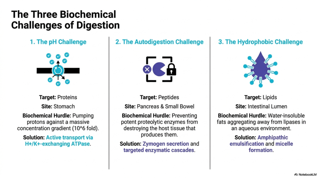Slide 2: Navigating the Three Biochemical Challenges of Digestive Processes