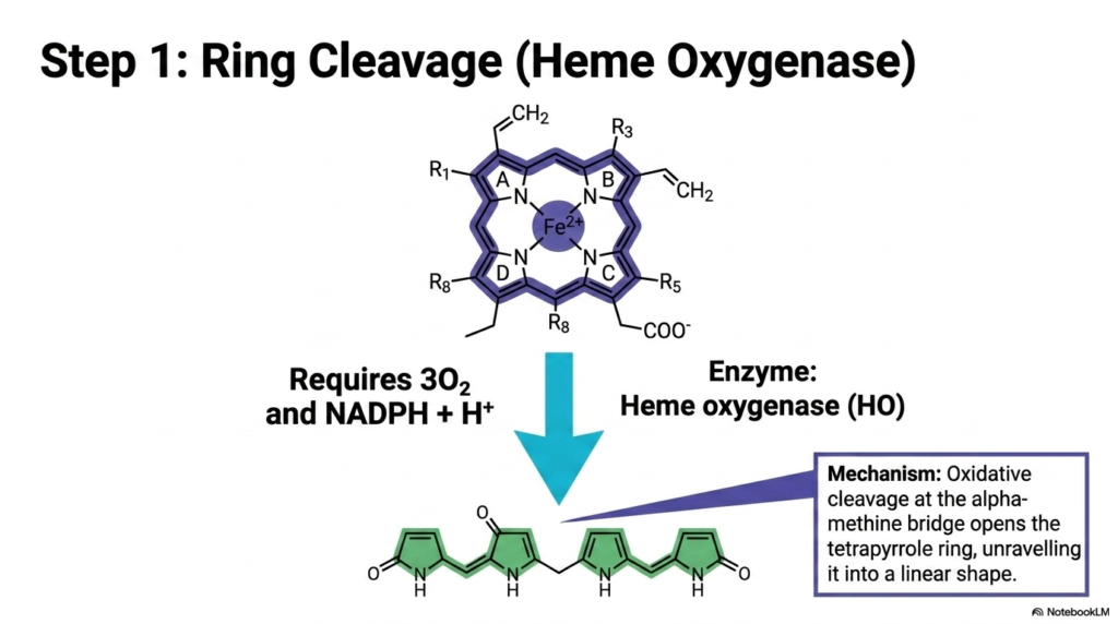 Slide 4: Step One of Heme Degradation: Ring Cleavage by Heme Oxygenase