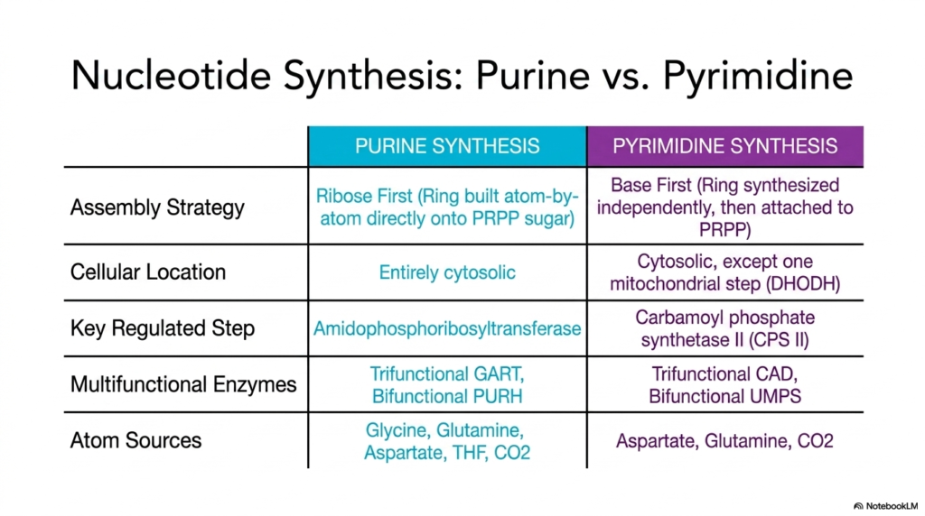 Comparing Strategies in Nucleotide Biosynthesis