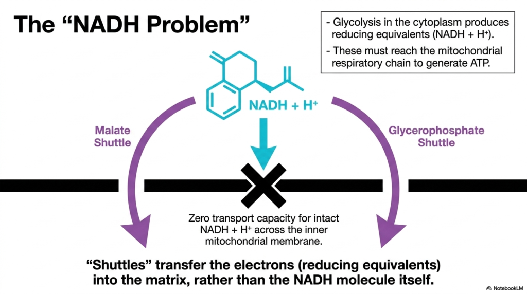 Slide 9: Resolving the NADH Problem via Mitochondrial Transport Systems