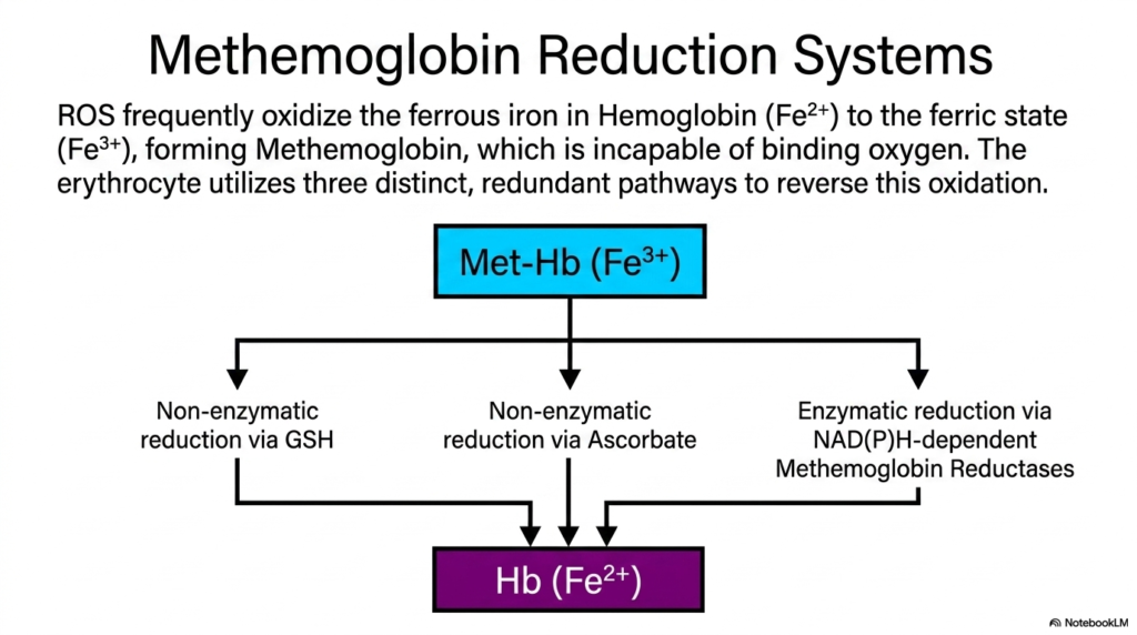 Slide 12: Erythrocyte Metabolism: Pathways and Oxidative Protection - Methemoglobin Reduction: Rescuing the Cargo Carrier