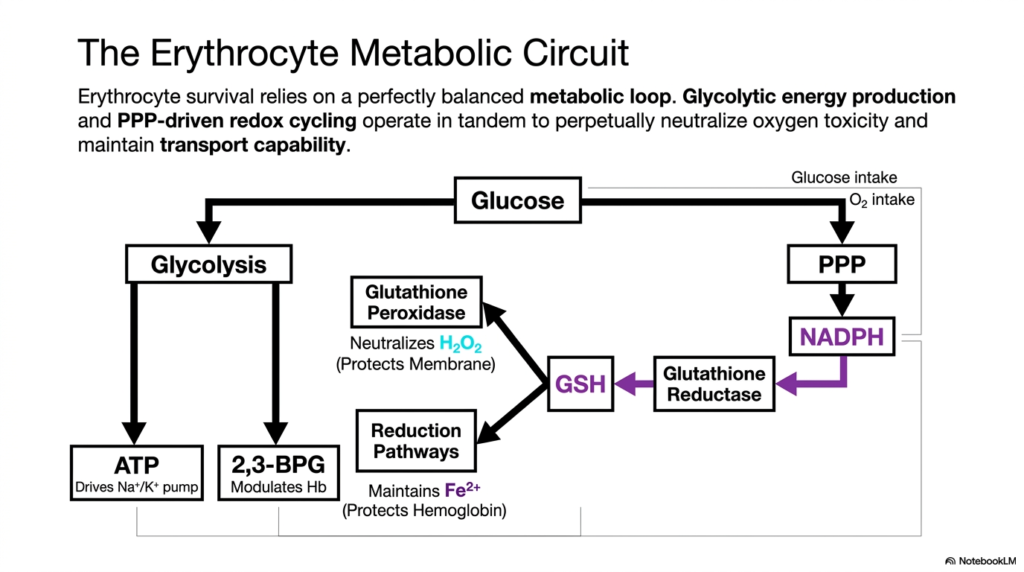 Slide 13: Erythrocyte Metabolism: Pathways and Oxidative Protection - The Master Circuit: A Balanced Loop