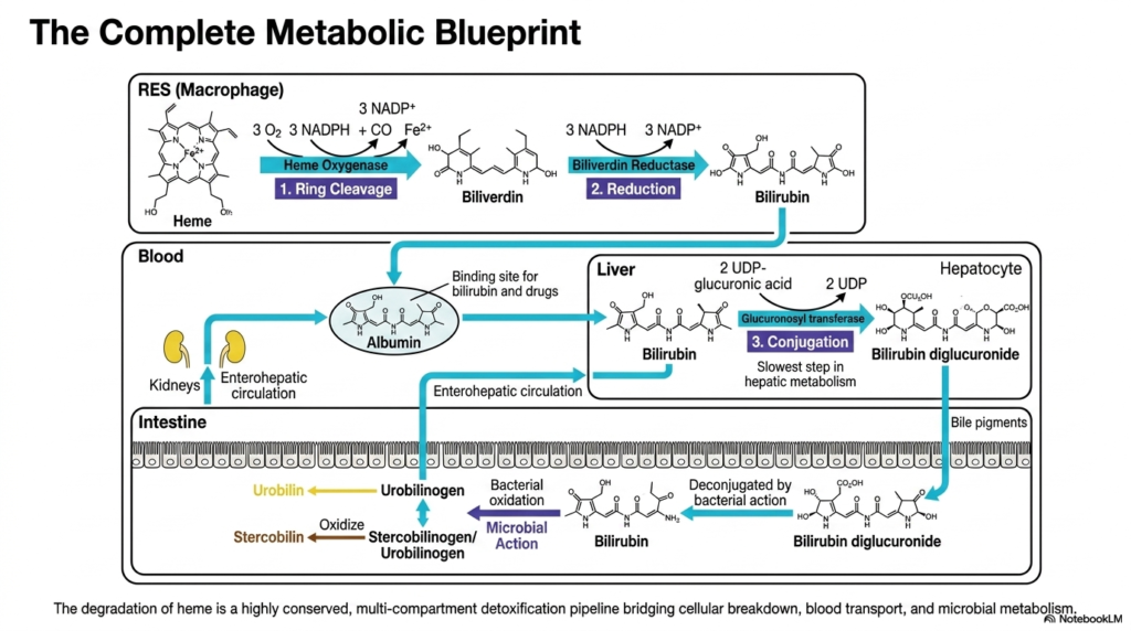 Slide 14: The Complete Heme Degradation Blueprint: A Multi-Compartment Pipeline