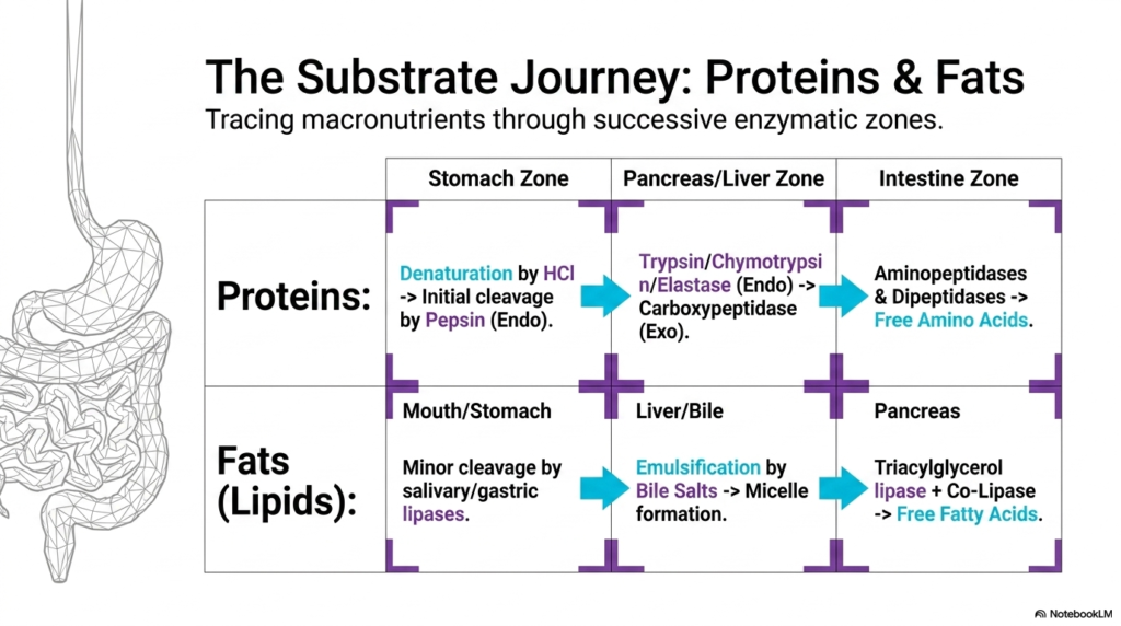 Slide 14: The Journey of Proteins and Fats via Digestive Enzymes