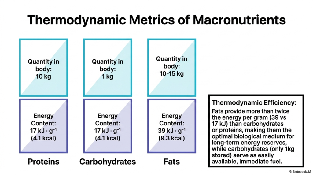 Slide 3: Thermodynamic Metrics and Storage Efficiency of Macronutrients