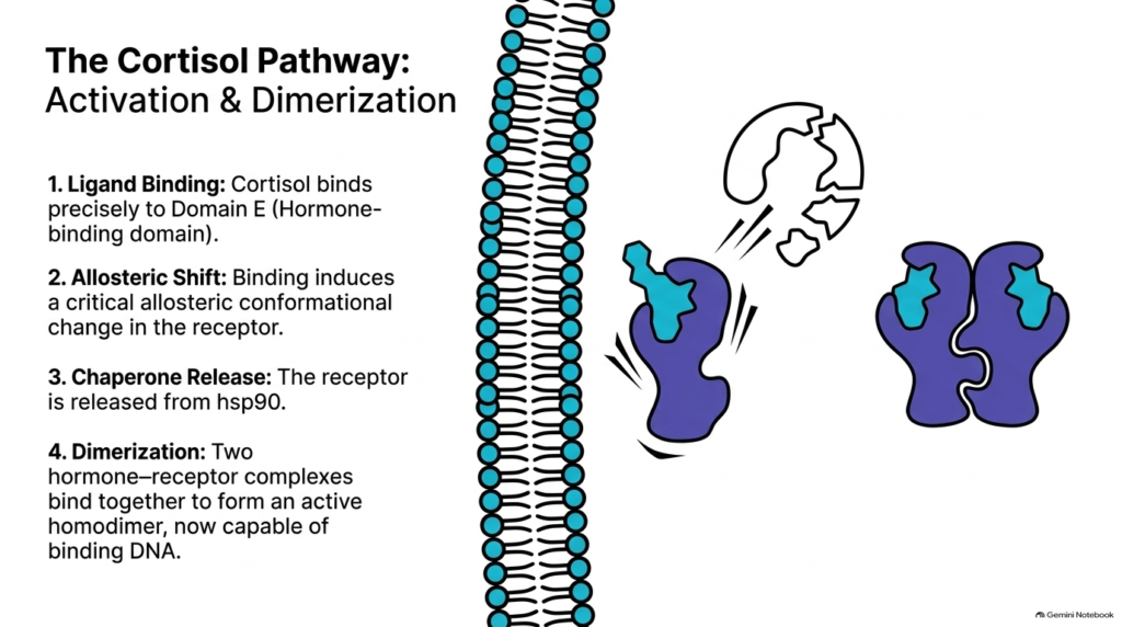 Slide 7: Lipophilic Hormones Mechanism of Action — The Cortisol Pathway: Activation & Dimerization