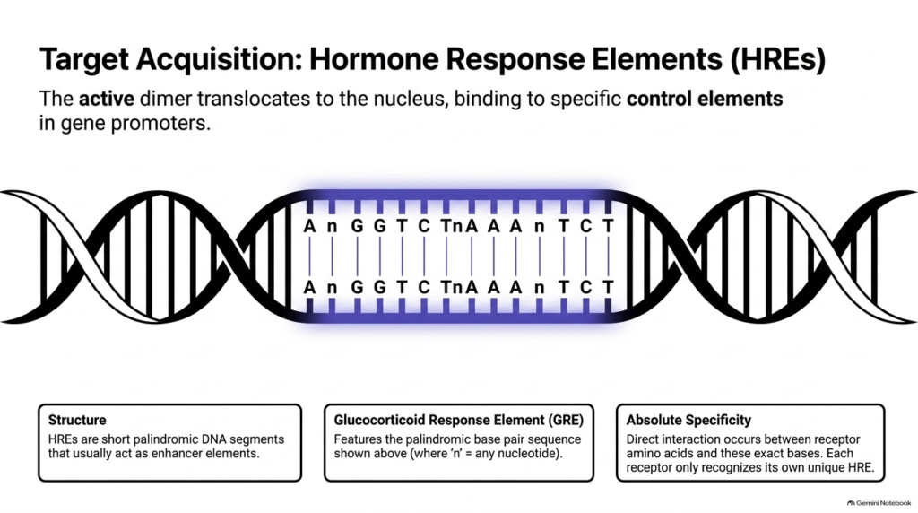 Slide 8: Lipophilic Hormones Mechanism of Action — Target Acquisition: Hormone Response Elements (HREs)