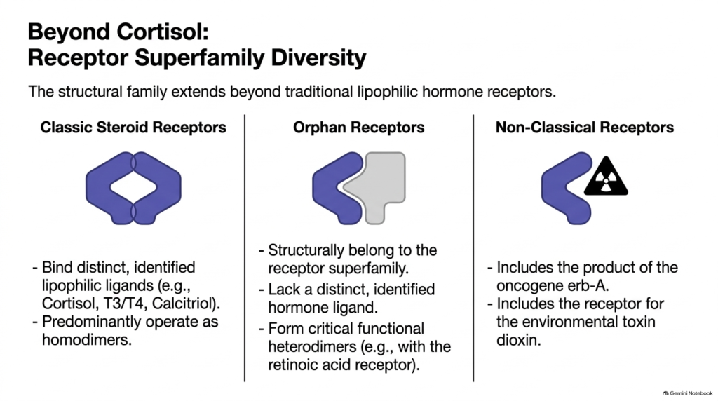 Slide 10: Lipophilic Hormones Mechanism of Action — Beyond Cortisol: Receptor Superfamily Diversity