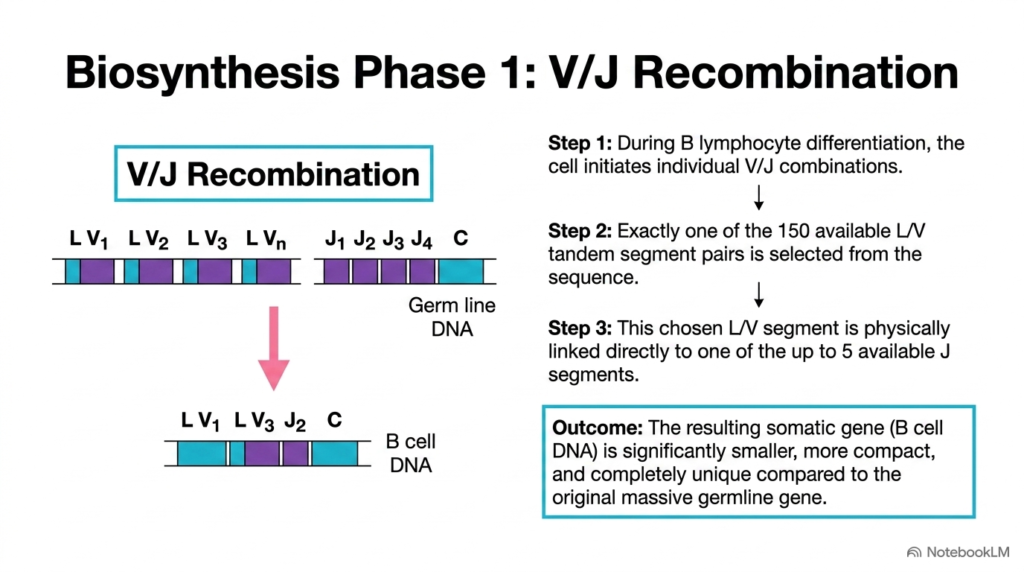 Slide 11: Biosynthesis Phase 1 - V/J Recombination in Antibody Biosynthesis