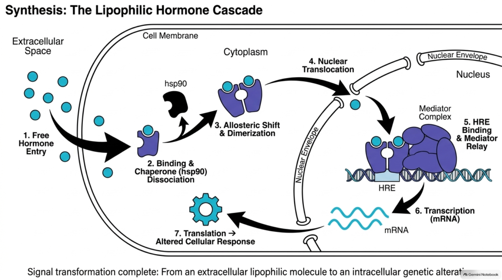 Slide 11: Lipophilic Hormones Mechanism of Action — Synthesis: The Lipophilic Hormone Cascade
