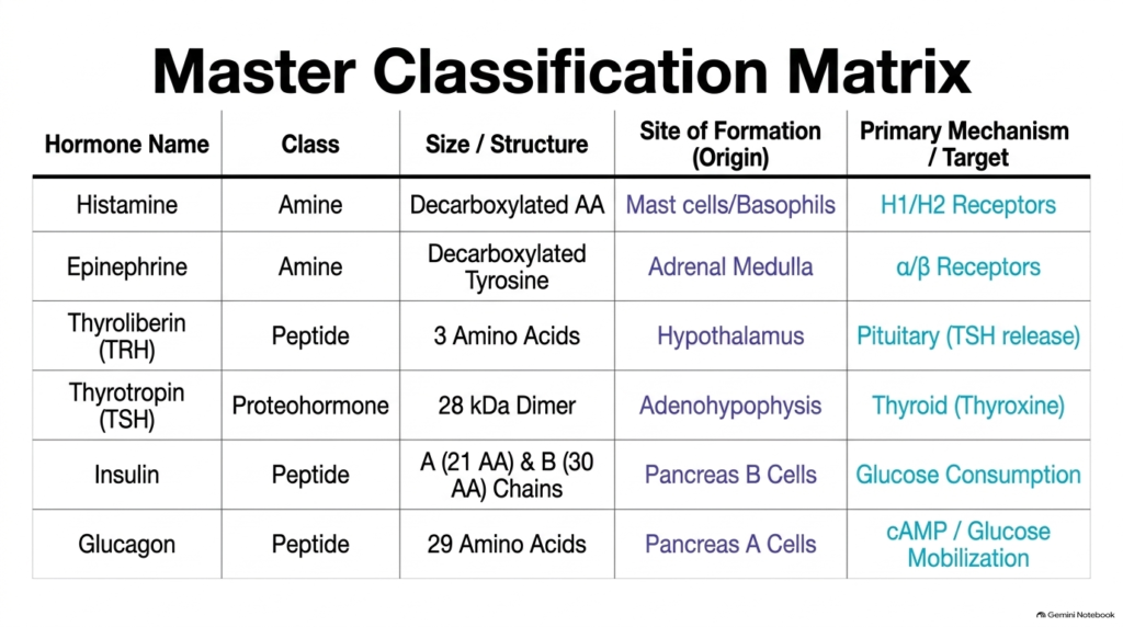 Slide 12: Master Classification Matrix of Hydrophilic Hormones