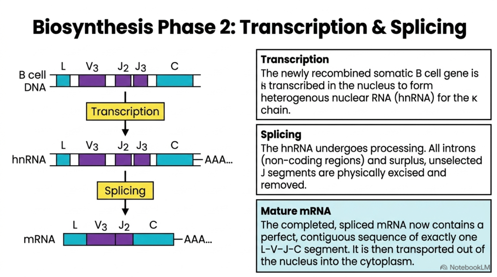 Slide 12: Biosynthesis Phase 2 - Transcription and Splicing in Antibody Biosynthesis