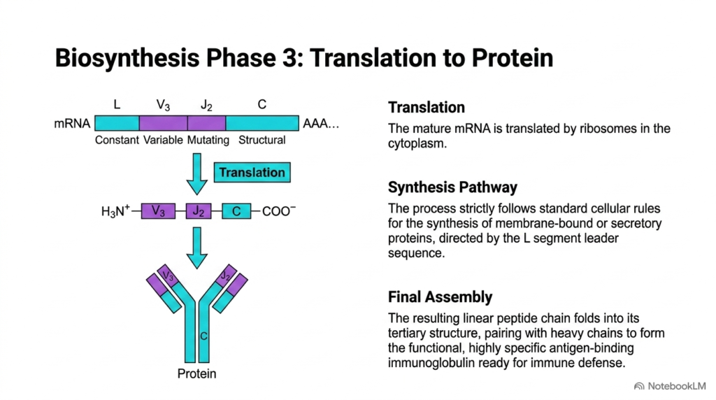 Slide 13: Biosynthesis Phase 3 - Translation and Protein Assembly in Antibody Biosynthesis